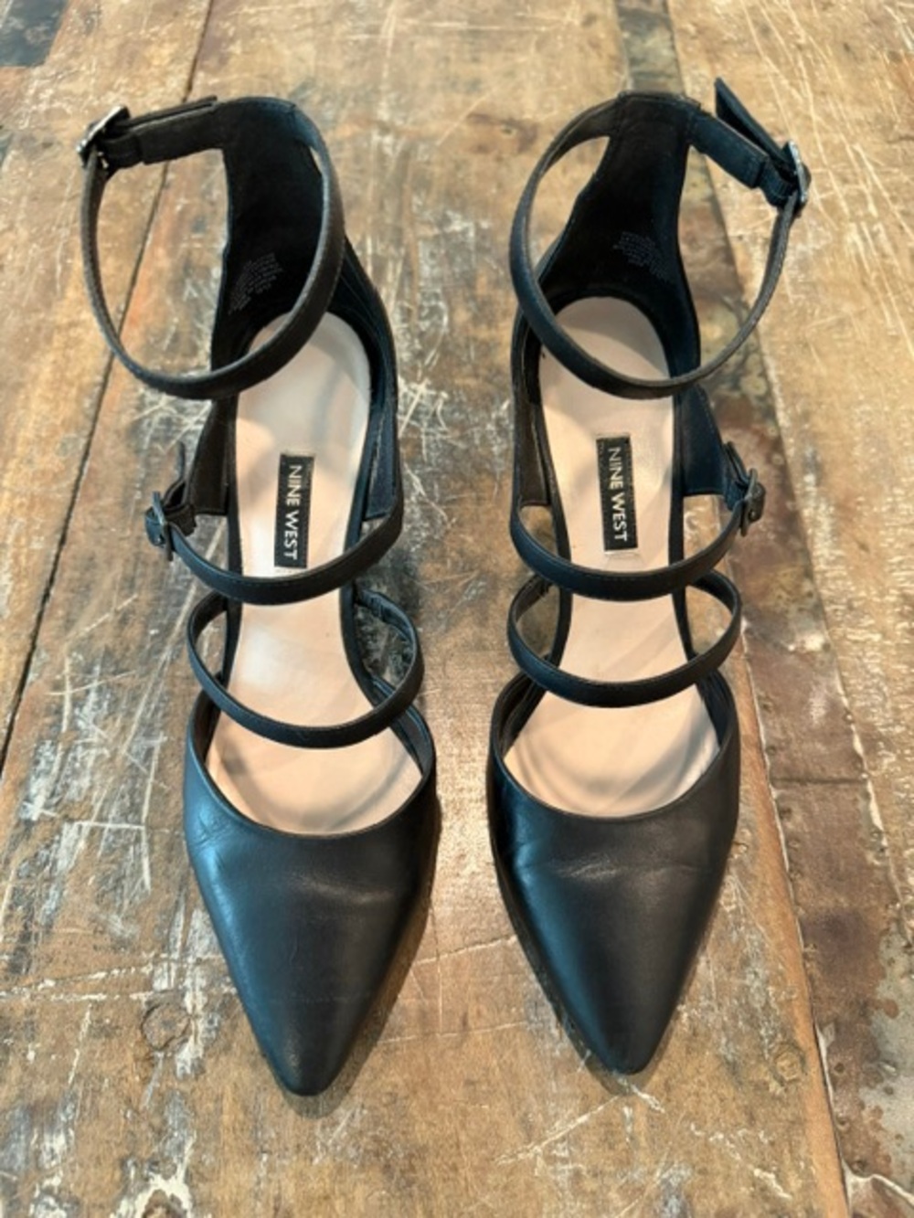 Nine West Black Triple-Strap Pointed Toe Heels